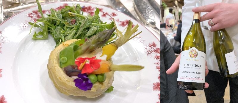 画像: 「アーティチョークのバリグール風、コリアンダーを効かせた季節野菜添え」(左) 『リュリー・ブラン 2020年 タストヴィネ 』(右)