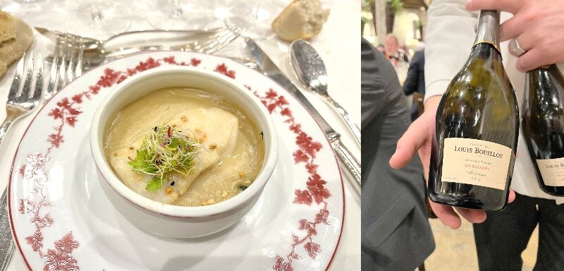 画像: 「川マスとアーモンド入りほうれん草の新芽」(左) 『クレマン・ド・ブルゴーニュ アン・ボレリー 2019年 - メゾン・ルイ・ブイヨ』(右)