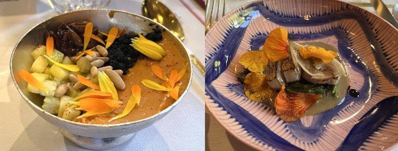 画像: 「春野菜、プロヴァンスの庭」(左)に『シャトー・ラスコンブ』2023年と2016年。「白身魚のヒメジ、サリコルニ(海藻)、豚の耳」(右)に『シャトー・ラスコンブ』2022年と2010年