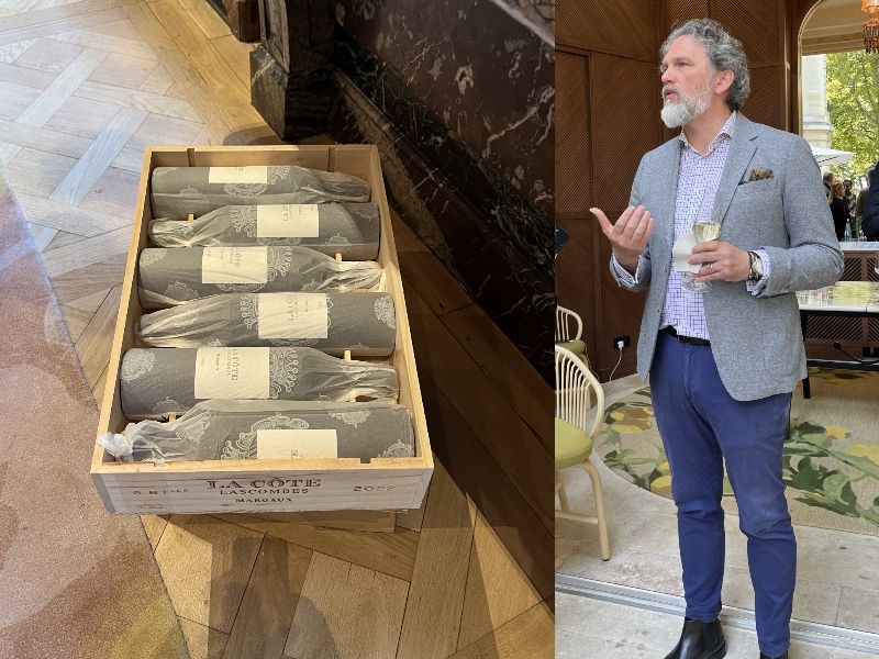 画像: 新キュヴェ『ラ・コート・ラスコンブ』とシャトー・ラスコンブCEOのアクセル・ハインツ氏（右）