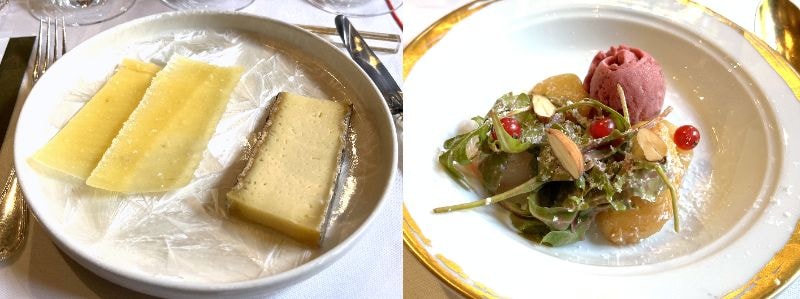 画像: 「24カ月熟成コンテチーズとサン・ネクテールチーズ」(左)、「桃、ラズベリー、レッドカラント、ルッコラ」(右)に『シャトー・ラスコンブ 1985年・ジェロボアム』『シャトー・ラスコンブ 1970年・マグナム』