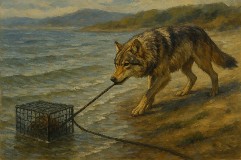 【世界初の映像】オオカミが「カニ漁の罠」を引き上げ餌を盗み取る