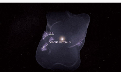 局所泡と表面の星形成領域を示した3Dアニメーション