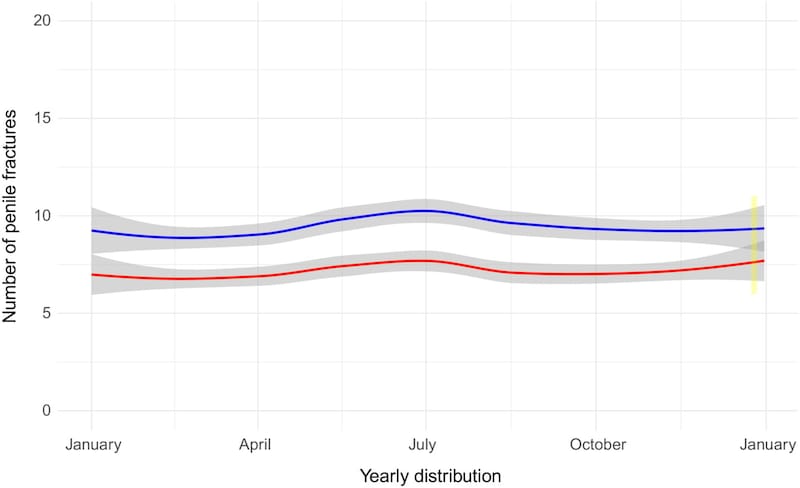 青:陰茎折症の患者数、赤:陰茎折症の手術を受けた患者数、黄:クリスマス時期