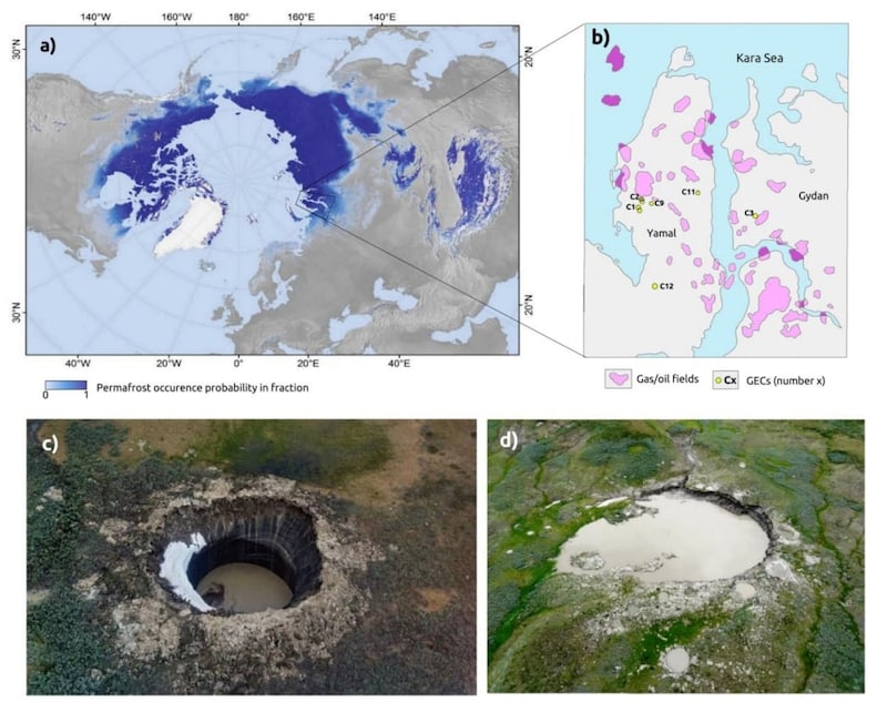 a:半島の位置、b:クレーター（黄丸）と地中にガスがある地域（ピンク）、cd:クレーター