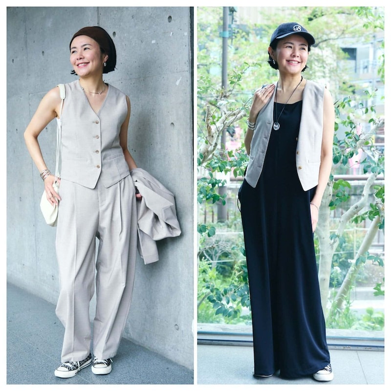 【１週間コーデ】初夏のジレ、着まわし２選  セットアップでトラッドに、オールインワンに合わせてリラックス～〈金曜日〉#019 Yuko Adachi～