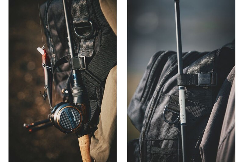 サイドには、ロッドベルトストラップを配し、釣行時に必要なロッドやギアをスマートに固定・収納することが可能