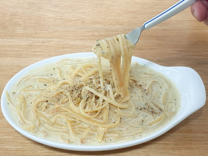 「カルボナーラ」には大豆でできた鶏ひき肉のような具材が入っていました