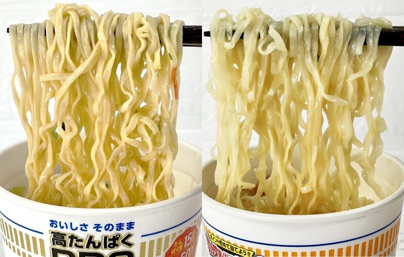 2.「カップヌードルPRO 高たんぱく＆低糖質シーフードヌードル」（日清食品）右が通常ver、左がPROです。麺はPROがちょっと柔らかくなるのが早いようです。ただ単体で食べればわからないレベルですのでご安心ください。ちなみに私はPROの方が懐かしく感じてちょっと好きかも。自分的には一世代前のカップヌードルを彷彿させてくれます