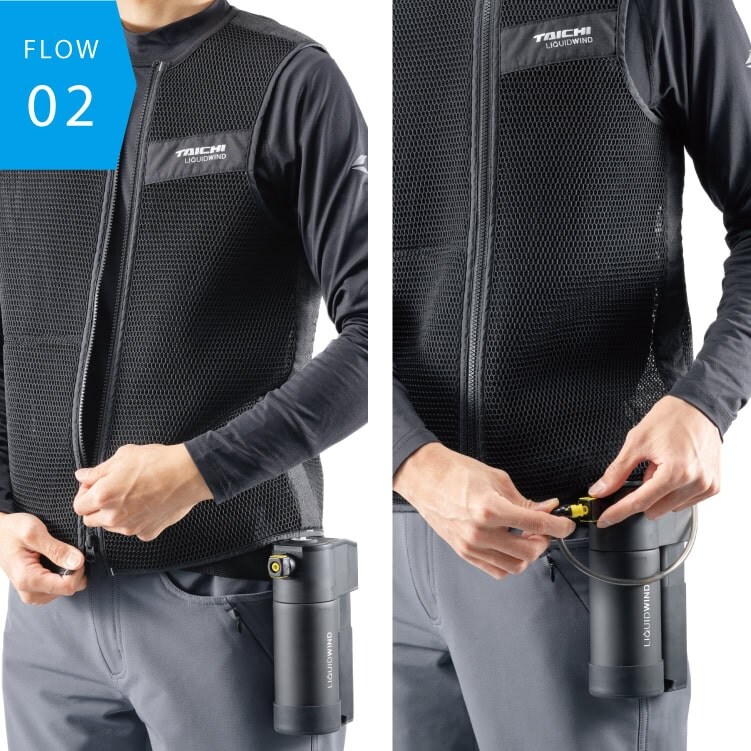 ベストに内臓された送水チューブのジョイントを保冷ボトルに繋ぐ