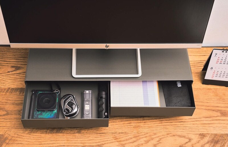 スチールモニタースタンド 引出付・ワイド・ダークグレー ￥6,490