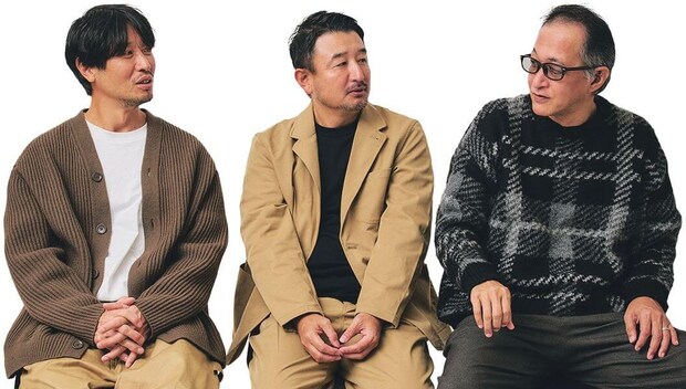 （右）ライター 岡藤充泰さん、（中央）本誌編集長 奥家慎二、（左）スタイリスト 栃木雅広さん