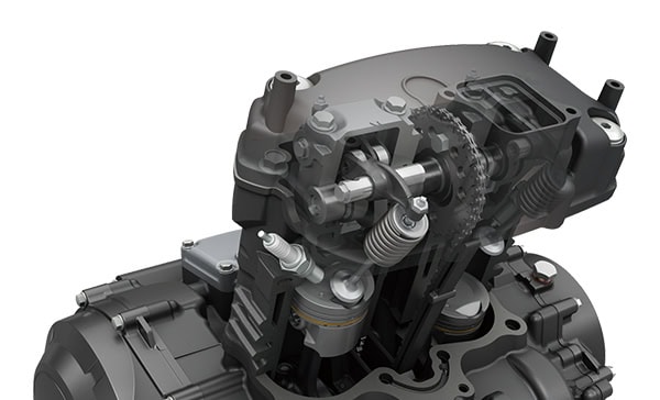 低速・中速域のトルクを重点的にアップさせ、パワフルさと扱いやすさを両立させた248ccの水冷2気筒エンジン