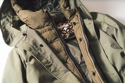 インナーダウンのキルティングに沿ってボタン穴があり、そこにアウター内側のボタンを通して留める仕様