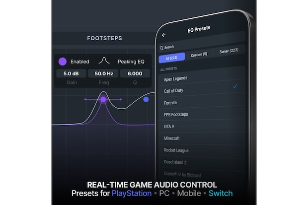 各ゲームや⾳楽などに最適なプリセットを選択可能