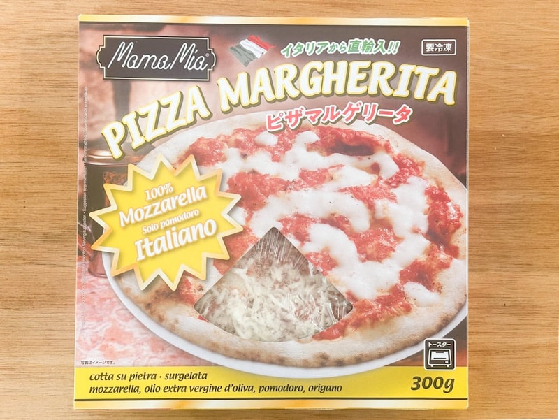 いかにも海外製っぽいデザインのパッケージに入った「ピザマルゲリータ」の購入価格は386円