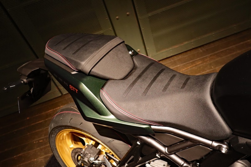 滑らかな表皮がポジションの自由度を高め、赤いステッチによってスポーティな雰囲気を高めるシート