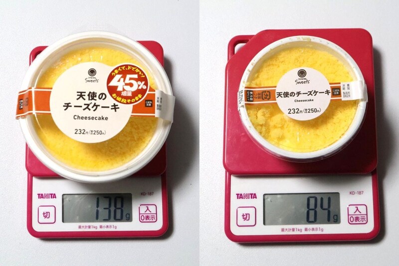 重さを比べてみると、従来品は84g・増量版は138gで64％増