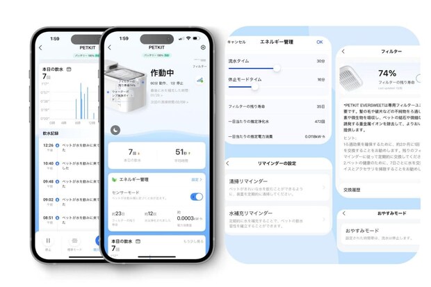 Bluetoothでアプリと本体を接続することで、給水モードの設定やフィルター使用状況の確認が可能