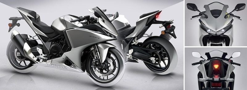 「CBR400R FOUR E-Clutch」のデザインは、車体重心を前方に寄せたようなアグレッシブなフォルムと金属を加工機でソリッドに削りだしたようなサーフェス表現、そしてモダンな灯火類によって近未来的なマシンの空気感を醸し出す