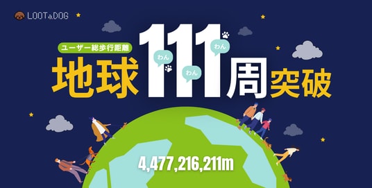 ワンちゃんの健康を応援するお散歩アプリ「LOOTaDOG」ユーザー総歩行距離が地球111周(わんわんわん)を突破いたしました。