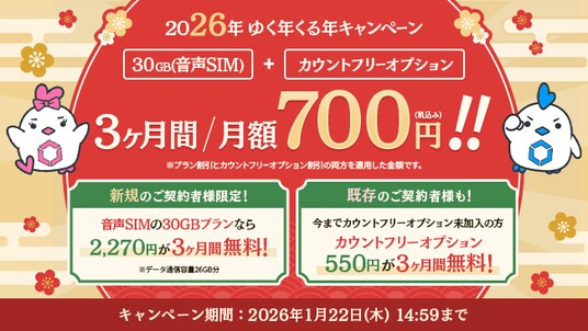 MVNOサービス「LinksMate（リンクスメイト）」で音声通話+SMS+データ通信+30GB+カウントフリーオプション加入で3ヶ月間税込み700円になる「2026年ゆく年くる年キャンペーン」を開催