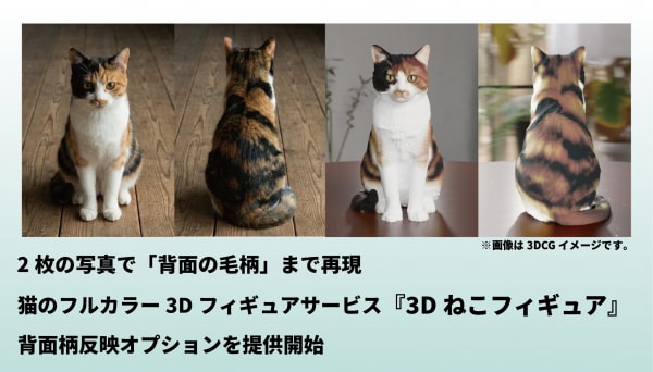 2枚の写真で「背面の毛柄」まで再現 ねこのフルカラー3Dフィギュアサービス『3Dねこフィギュア』 背面柄反映オプションを提供開始