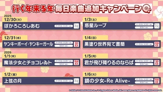 『プロジェクトセカイ カラフルステージ！ feat. 初音ミク』「行く年来る年毎日楽曲追加キャンペーン」「［もうすぐ2026］年末ログインキャンペーン」開催！