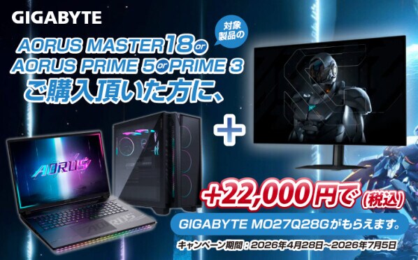 GIGABYTE、直販サイトで対象製品を購入するとゲーミングモニターを特別価格で提供するキャンペーンを実施