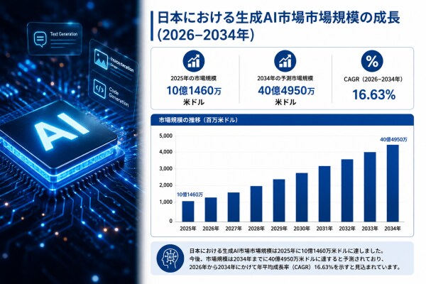 日本の生成AI市場規模、2034年までに40億4,950万米ドルに到達へ（CAGR 16.63%で成長）