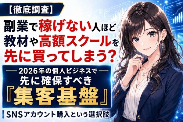 【徹底調査】副業で稼げない人ほど教材や高額スクールを先に買ってしまう?2026年の個人ビジネスで本当に先に確保すべき「集客基盤」とSNSアカウント購入という選択肢