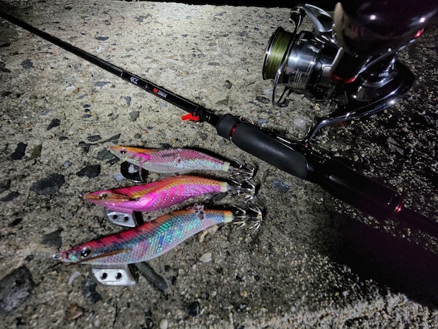 初冬のナイトエギングにおすすめのエギ（上からエギ王SEARCH3号ショコラブラウン・エギ王K3号トラトラピンキー・エギ王K3.5号ぶちぶちコーラル）