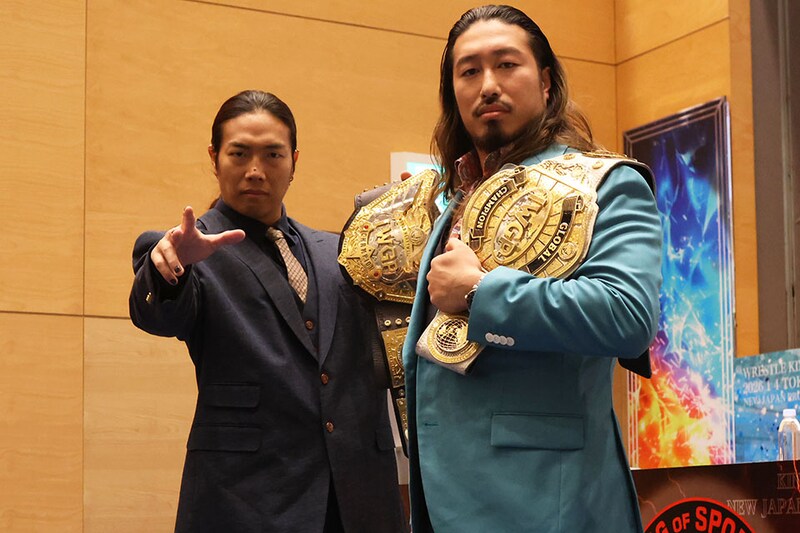 【新日本】TAKESHITA「2冠王者になっても統一はしない」、辻「IWGPヘビー級を取り戻したい」 1・4ダブルタイトル戦へ会見