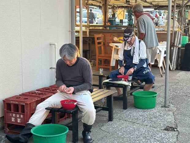 カワハギの風物詩、アサリの殻剥き風景。 ©釣りビジョン
