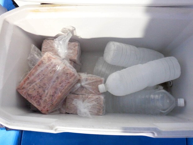 追加のコマセ（オキアミ1.5kg）と予備のペットボトルの氷。 ©釣りビジョン