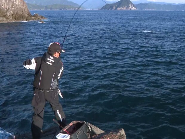 強烈な引きに竿がしなる！巧みな竿捌きで釣り上がってきたのは38cmの尾長グレ。©釣りビジョン