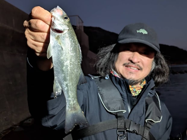 「釣れればなんでもOK！」。行き当たりばったり、延岡の魚を探しに出発。さっそく青い鳥居の港神社前でジグヘッド1.8gで探りをいれてみる。しかし、うんともすんとも。地元の方の話では、2年前まではなんぼでもセイゴが釣れたが、今年は全然ダメだと。ポイントを西へ変え、夕マヅメのチャンスに賭けることに。狙いは海中に沈む消波ブロック。すると念願のヒット。そして、ここから怒涛の連チャン劇。アタリの小さなセイゴの〝外れ防止策〟としてジグヘッドを1.0gと軽くしたことが奏功。表層での確実なヒットへ繋がり、数を伸ばす。「めっちゃ釣れました〜」と笑顔のセンドウ。©釣りビジョン