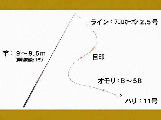 伸縮機能が付いた全長9.5mの本流大物竿。針は細軸の11号。井上は何故細軸にするのか？オモリはB～5Bまで各種準備、川の状況に合わせて使い分ける。エサはイクラ、サーモン、ブドウ虫、ミミズを用意。まずは、視認性の良いブドウ虫をチョイスする。 ©釣りビジョン