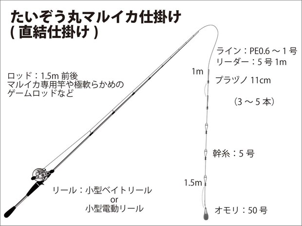『たいぞう丸』マルイカ仕掛け図（直結仕掛け）。 ©釣りビジョン