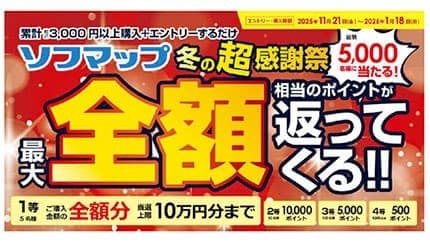最大10万円分ポイントバック！ ソフマップが冬の超感謝祭を開催中