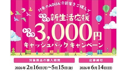 アクアが新生活に向けて「新生活応援キャッシュバックキャンペーン」をスタート！