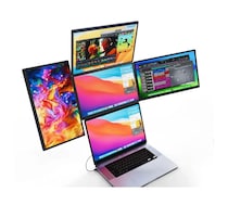 ノートPCと組み合わせて最大5画面の作業環境を構築、ソースネクストの「DIGI＋ 18.5インチクアッドディスプレイシステム」