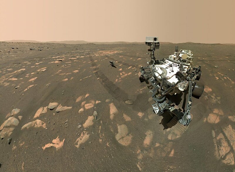 火星ヘリコプターとともに映るパーサヴィアランスの自撮り画像