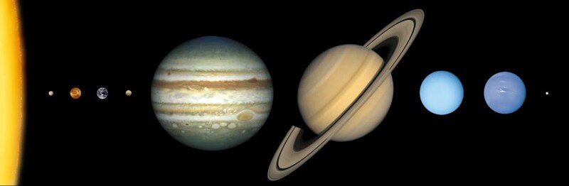 太陽と八つの惑星、準惑星の冥王星のサイズを比較した図
