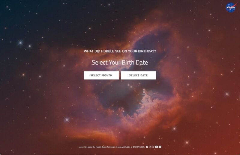 ある特定の日に撮影されたハッブル望遠鏡の画像を探せるページのスクリーンショット