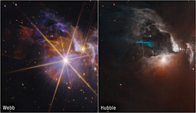 「おうし座FS」の画像。ジェイムズ・ウェッブ宇宙望遠鏡とハッブル宇宙望遠鏡の比較