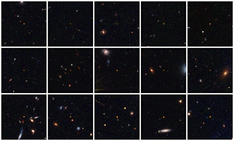 ユークリッド宇宙望遠鏡がとらえたクエーサー（各画像の中央）。今回発見された31個のうちの15個。Image Credit: ESA/Euclid/Euclid Consortium/NASA, image processing by the Euclid Science Ground Segment and Antoine Basset (CNES)