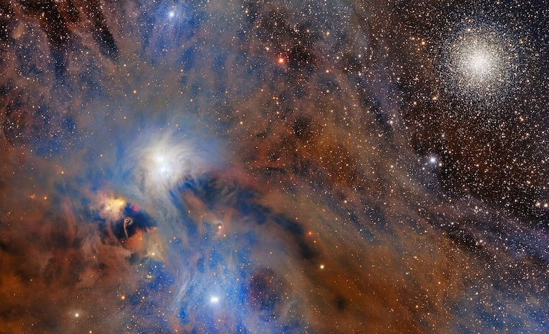 ダークエネルギーカメラでとらえた「みなみのかんむり座分子雲」とシャンデリア星団（球状星団NGC 6723）