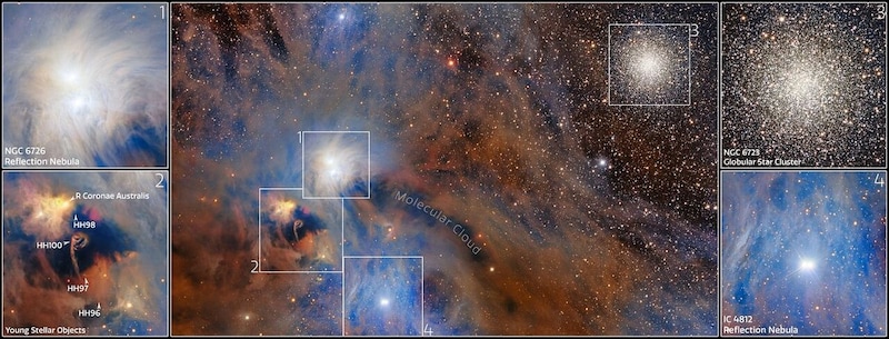ダークエネルギーカメラでとらえた「みなみのかんむり座分子雲」とシャンデリア星団（球状星団NGC 6723）