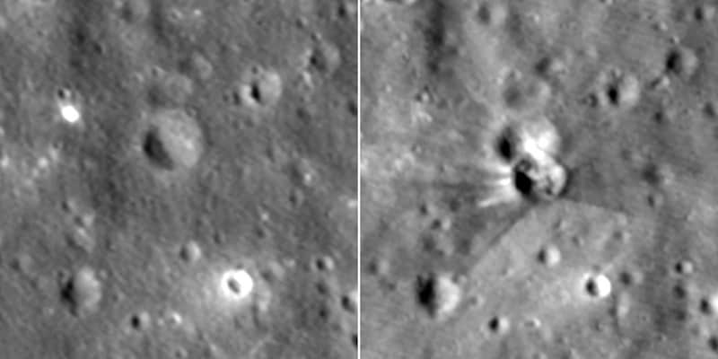 ファルコン9ロケット上段の衝突によって新たに形成されたクレーター。左はクレーター形成前。ルナー・リコネッサンス・オービターが撮影。